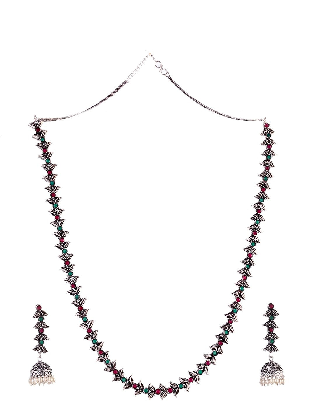 LAIDA Oxidised Silver-Plated Pink & Green Stone-Studded Jewellery Set