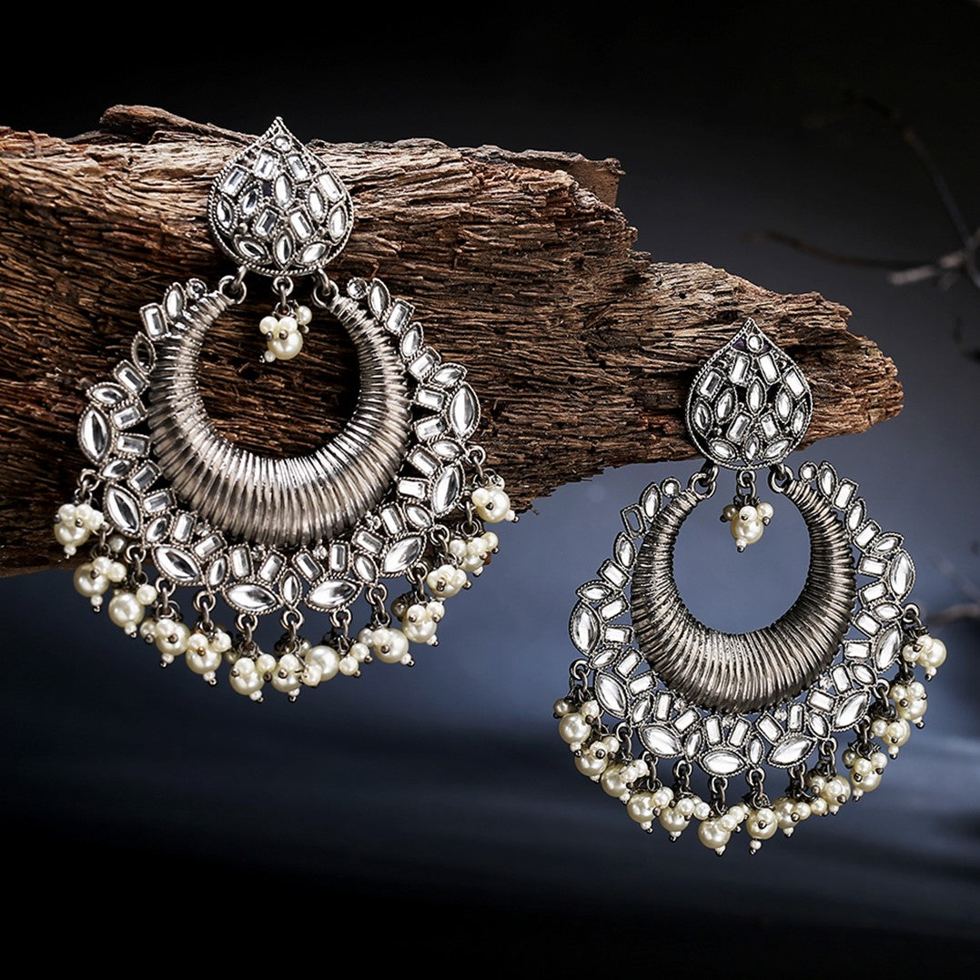 Silver-Toned Rhodium Plated Oxidized Crescent Shaped Chandbalis
