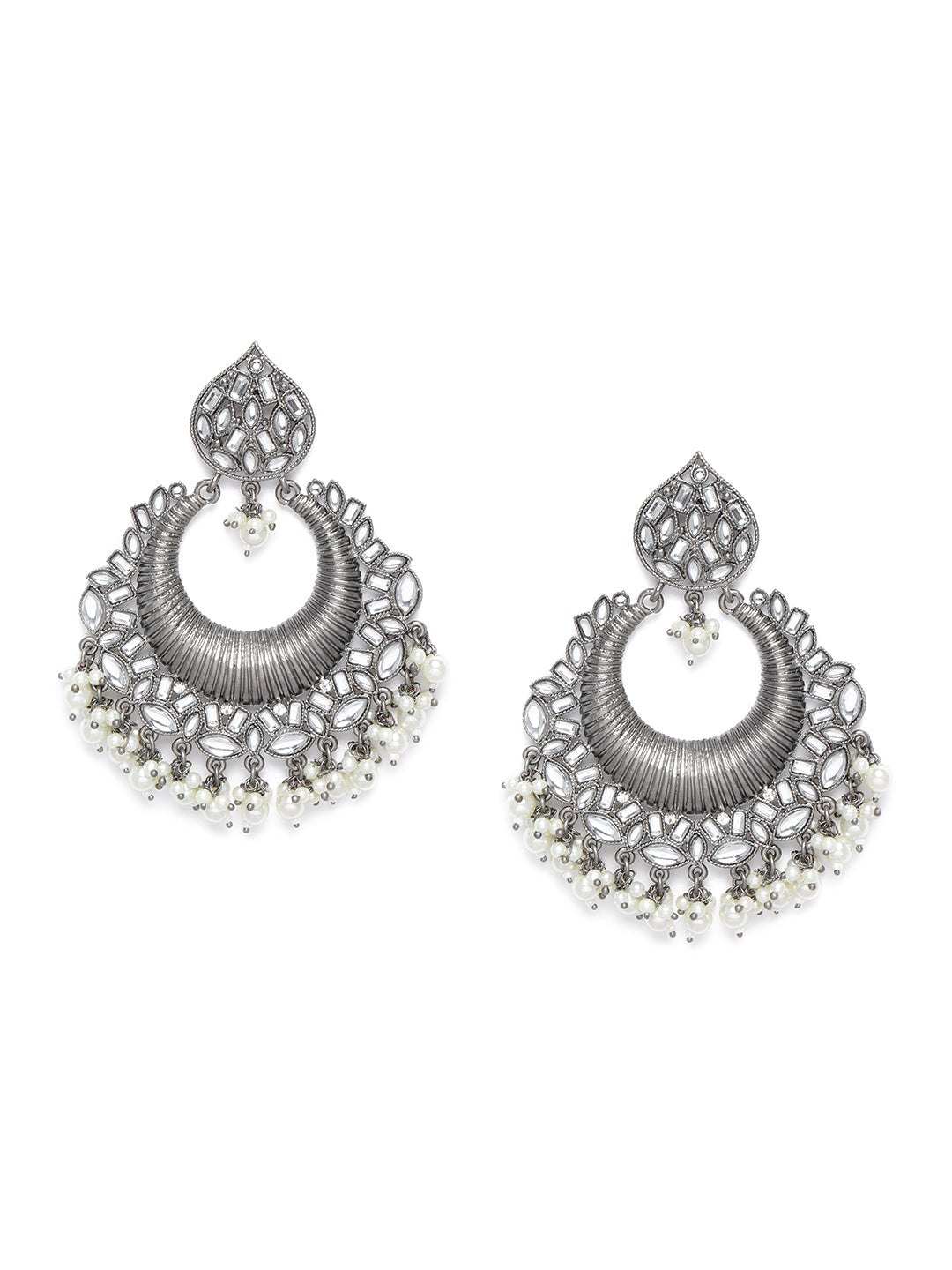 Silver-Toned Rhodium Plated Oxidized Crescent Shaped Chandbalis