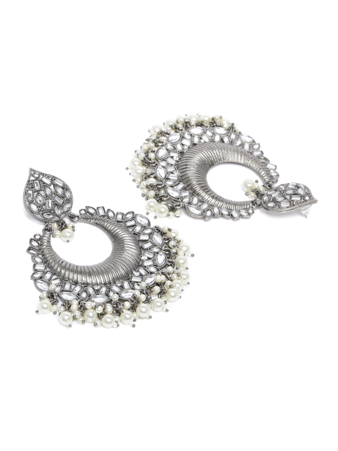 Silver-Toned Rhodium Plated Oxidized Crescent Shaped Chandbalis