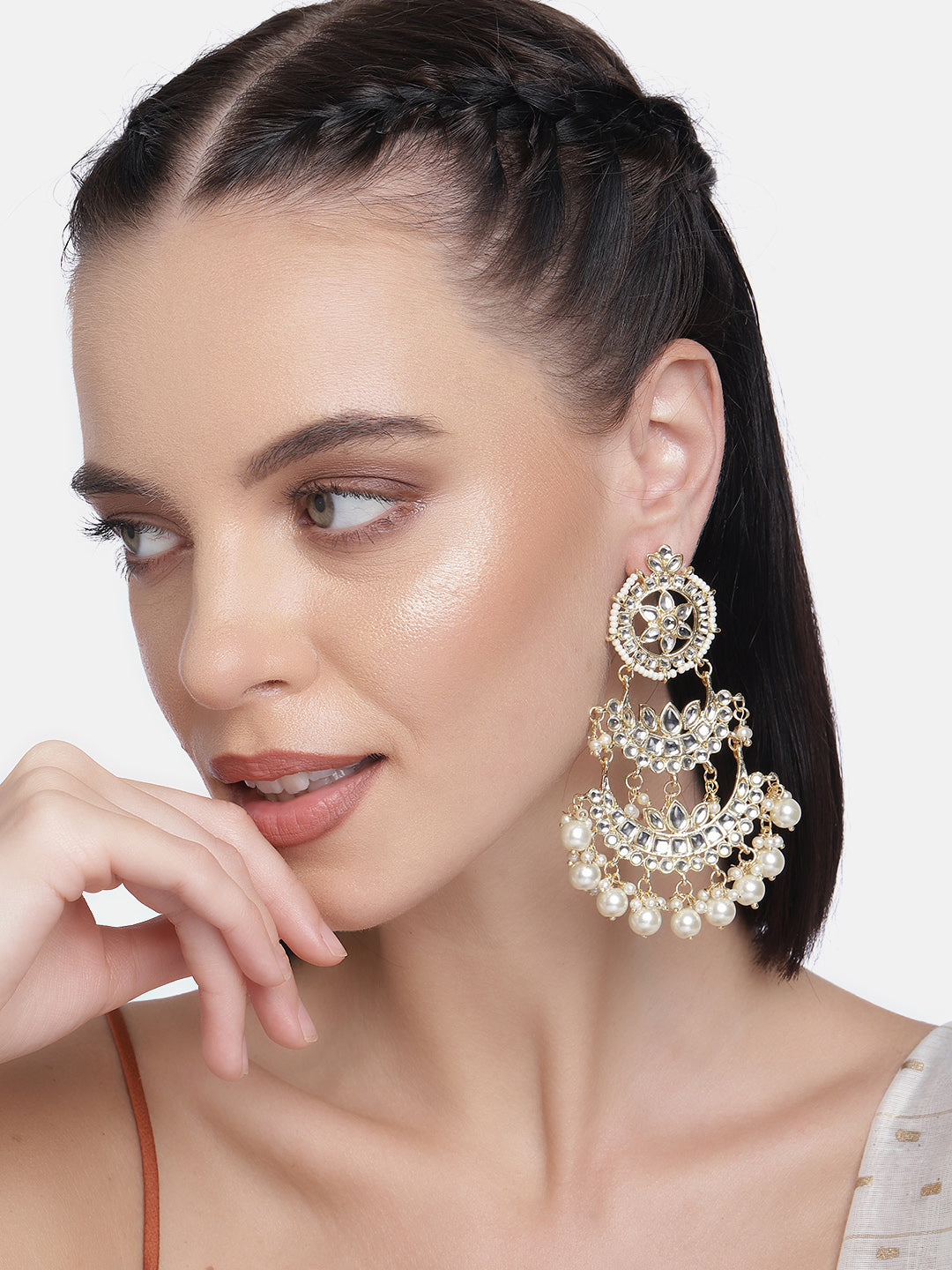 Gold-Plated & White Kundan Studded Chandbalis