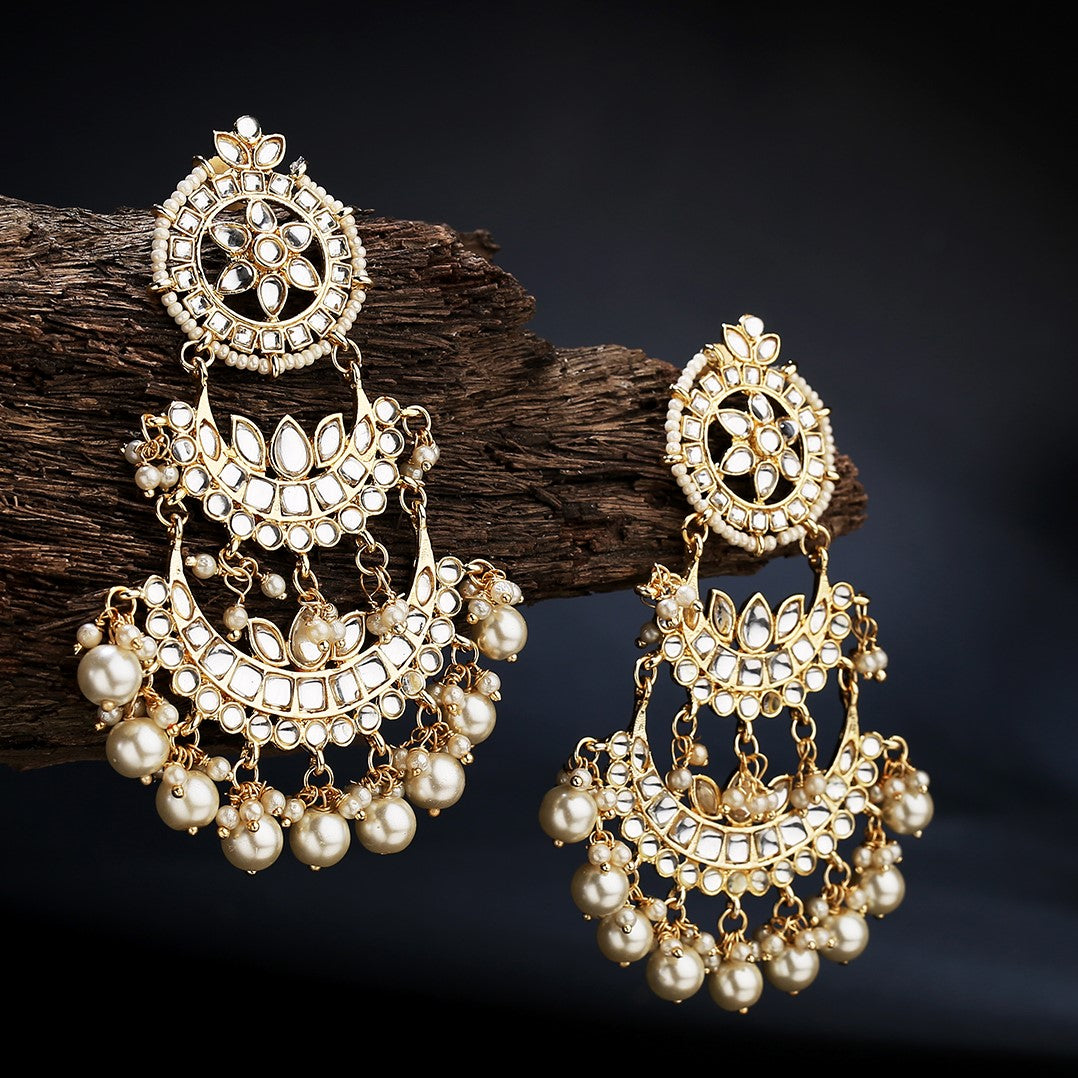 Gold-Plated & White Kundan Studded Chandbalis