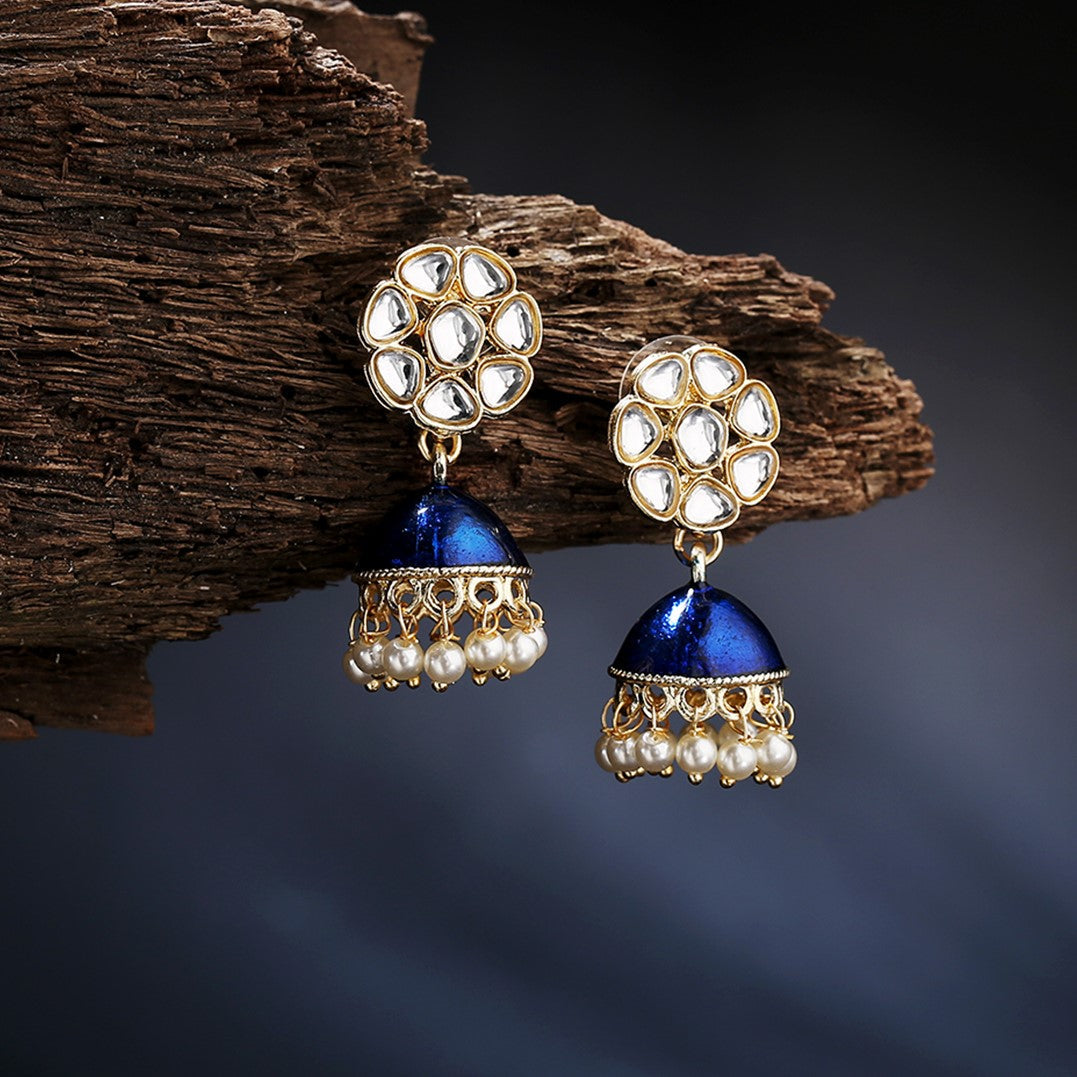 Blue & Gold-Toned Dome Shaped Jhumkas