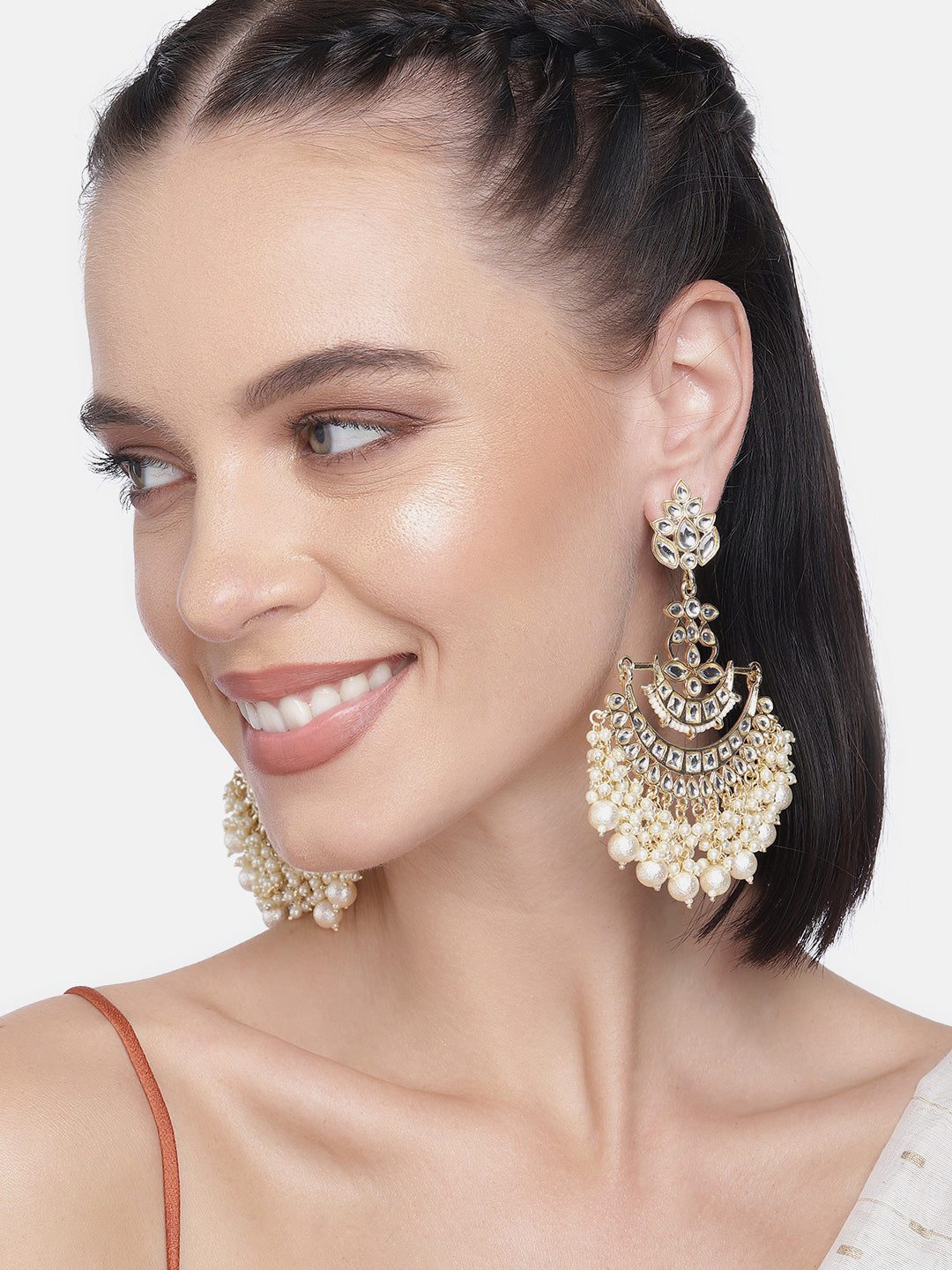 Gold Plated Handcrafted Kundan Studded Crescent Shaped Chandbalis