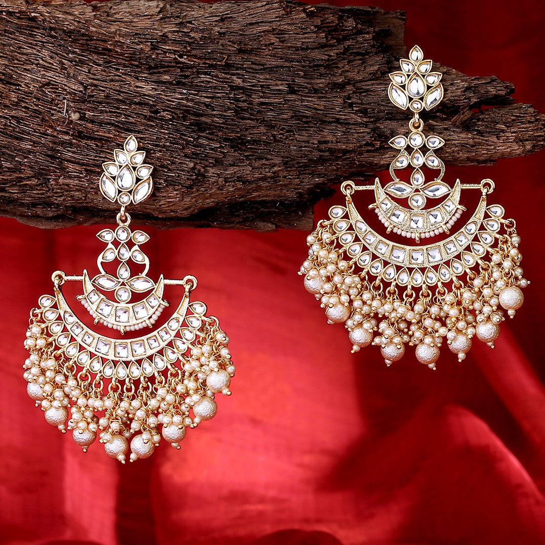 Gold Plated Handcrafted Kundan Studded Crescent Shaped Chandbalis