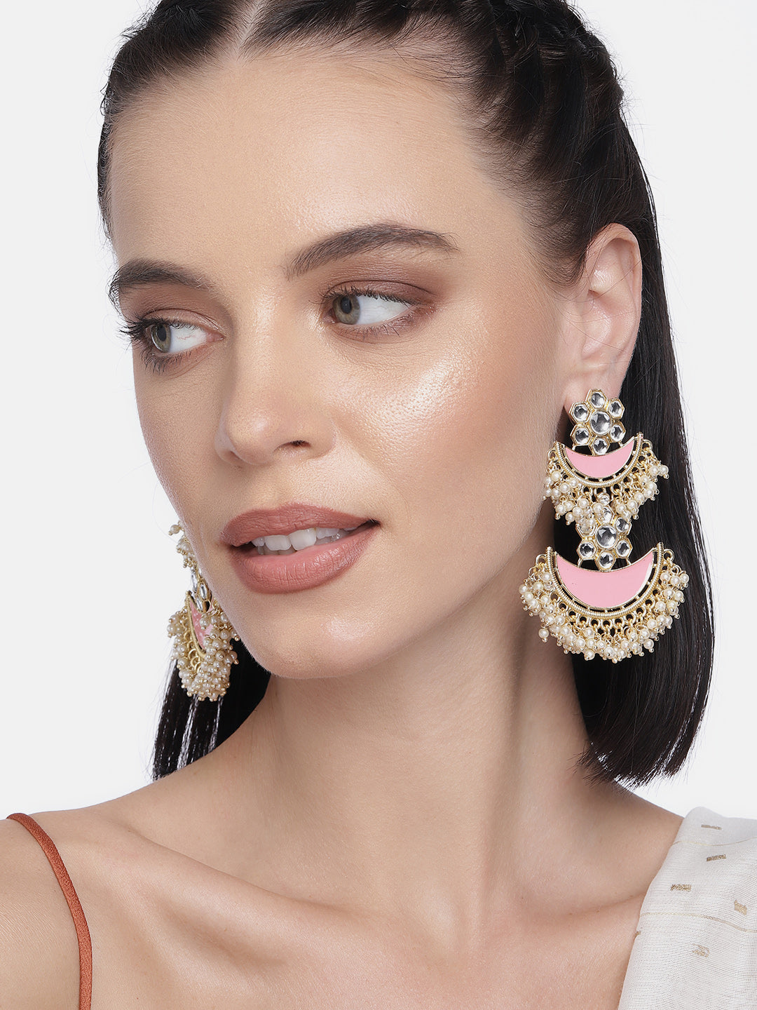 Pink Gold-Plated Handcrafted Layered Crescent Shaped Chandbalis