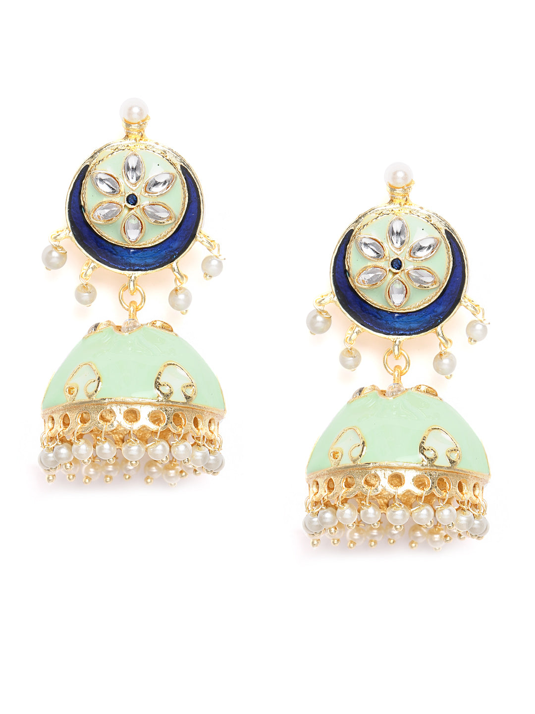 Sea Green & Gold-Toned Gold Plated Dome Shaped Handcrafted Jhumkas
