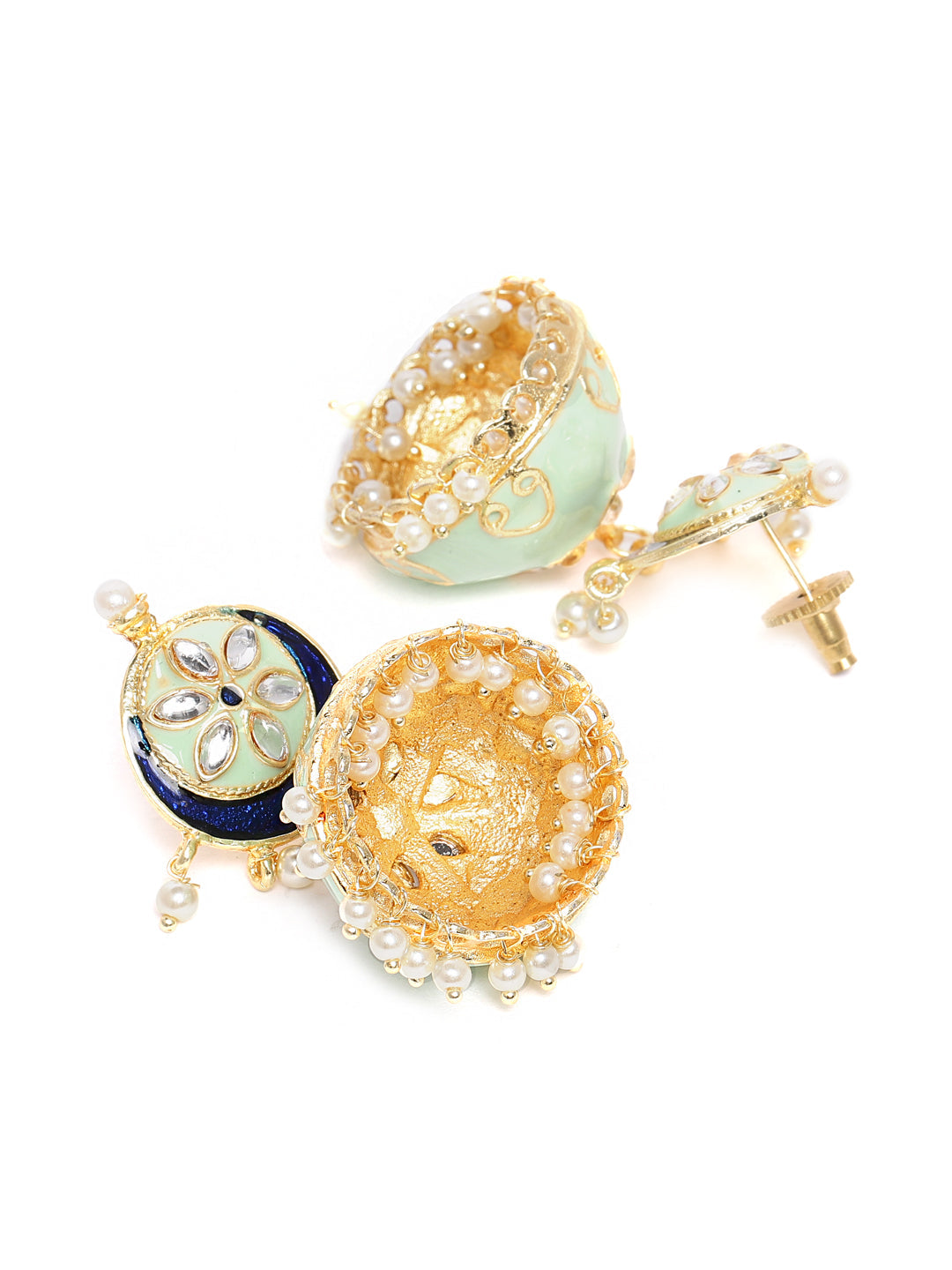 Sea Green & Gold-Toned Gold Plated Dome Shaped Handcrafted Jhumkas