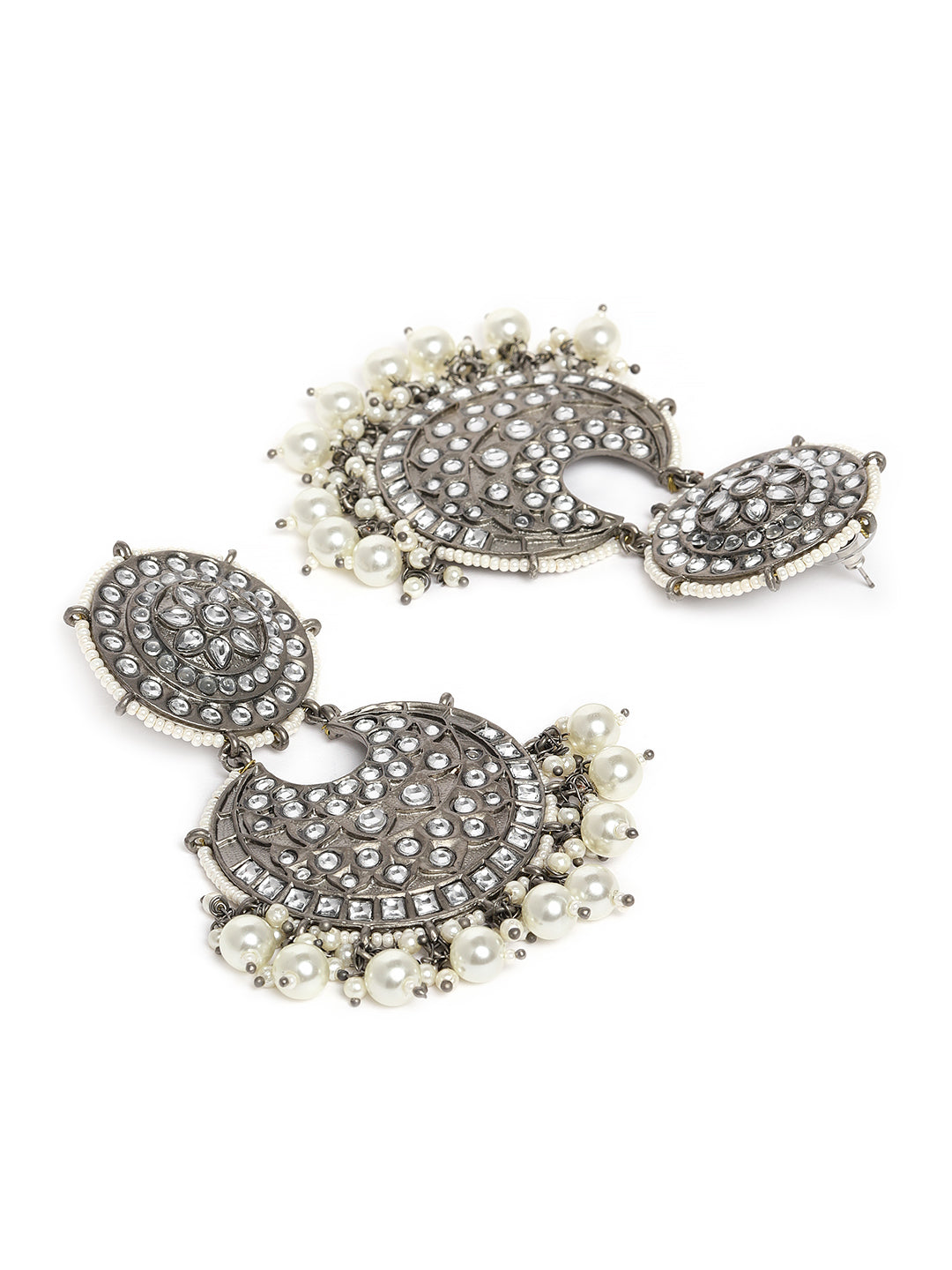 Silver-Toned Rhodium Plated Kundan Studded Circular Chandbalis