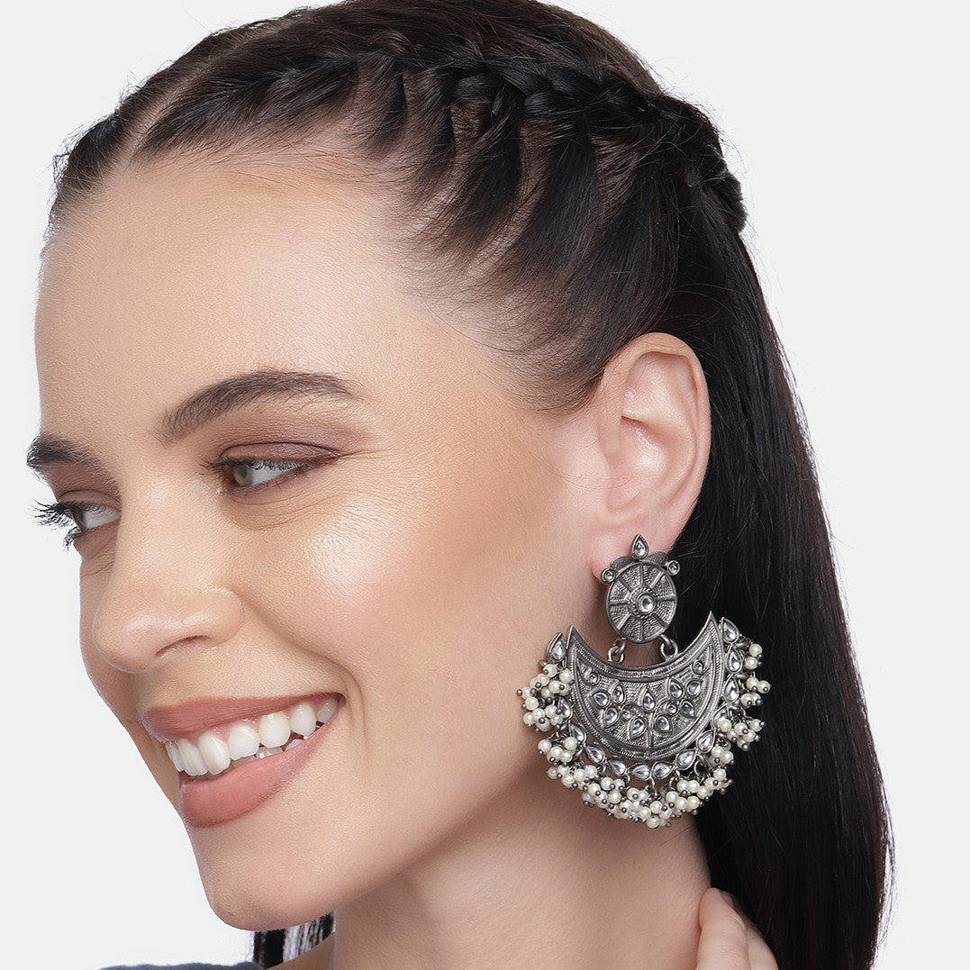 Oxidized Silver-Toned Kundan Studded Crescent Shaped Chandbalis