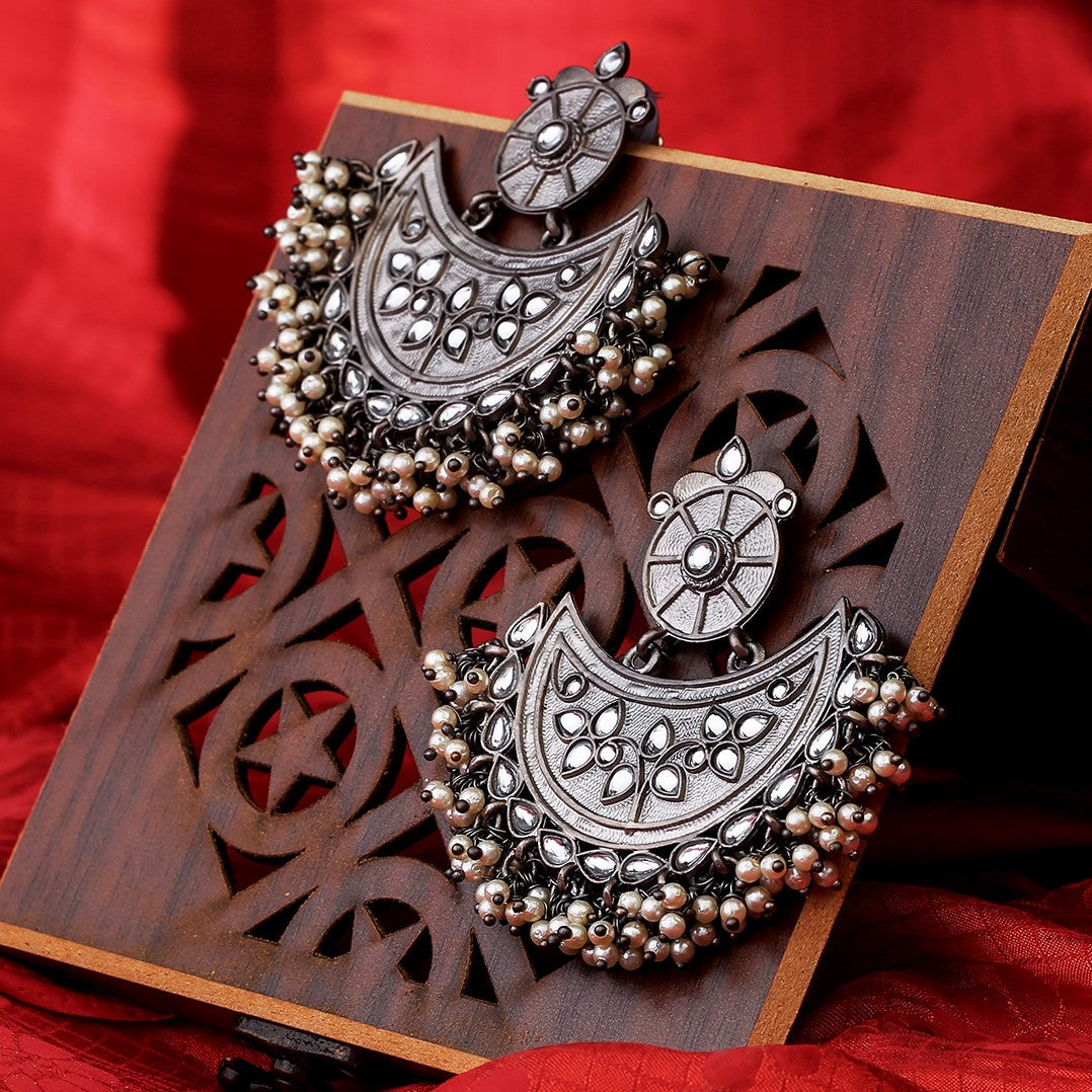 Oxidized Silver-Toned Kundan Studded Crescent Shaped Chandbalis