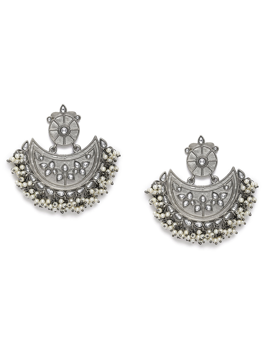 Oxidized Silver-Toned Kundan Studded Crescent Shaped Chandbalis