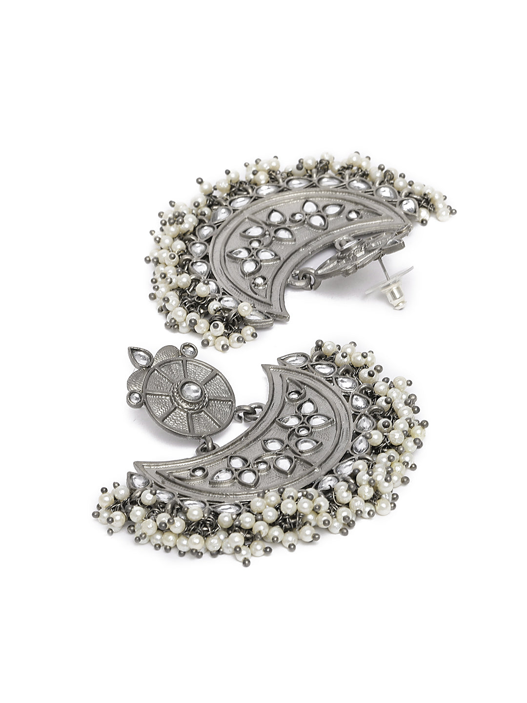 Oxidized Silver-Toned Kundan Studded Crescent Shaped Chandbalis
