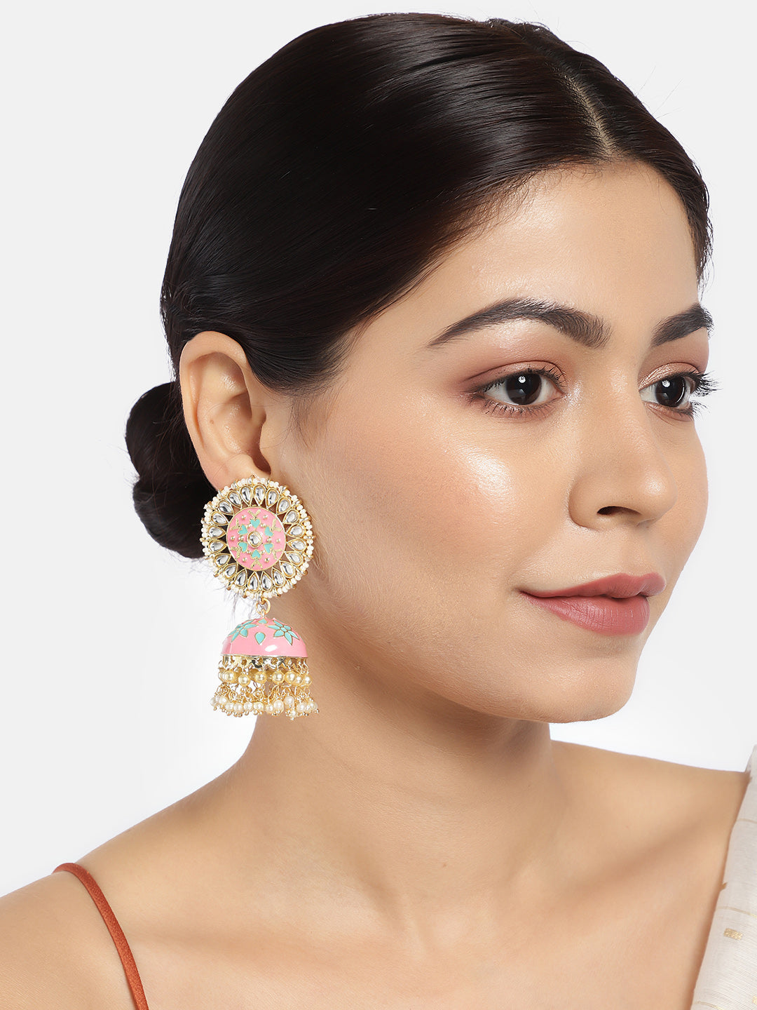 Gold-Plated & Pink Dome Shaped Jhumkas