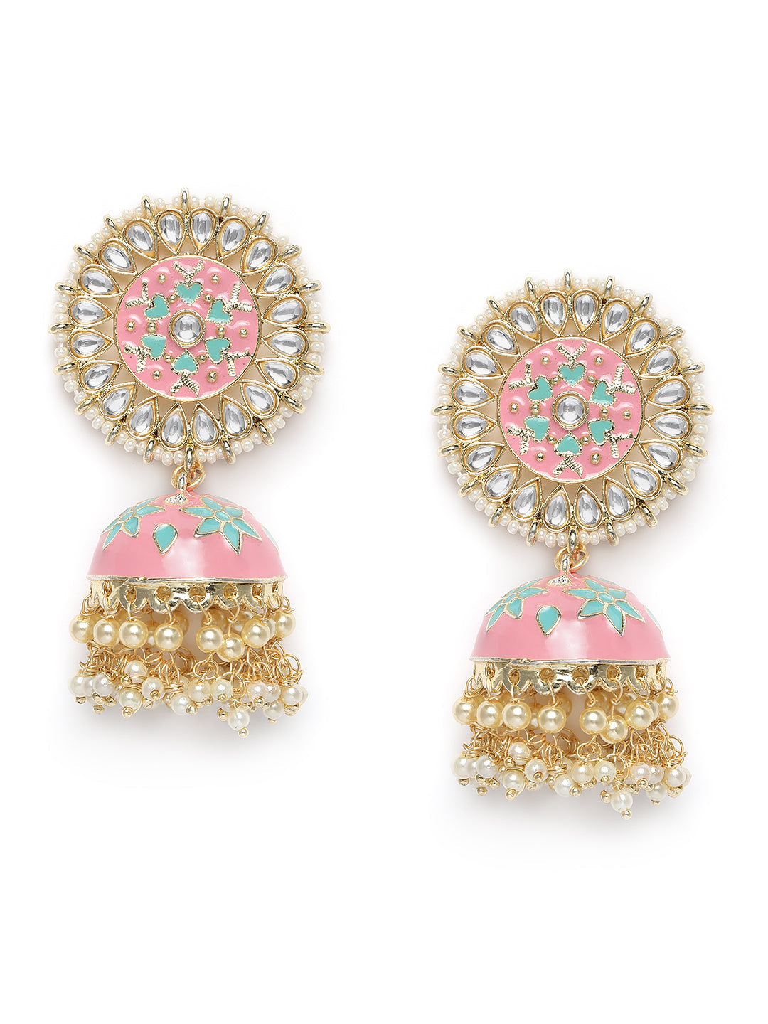 Gold-Plated & Pink Dome Shaped Jhumkas