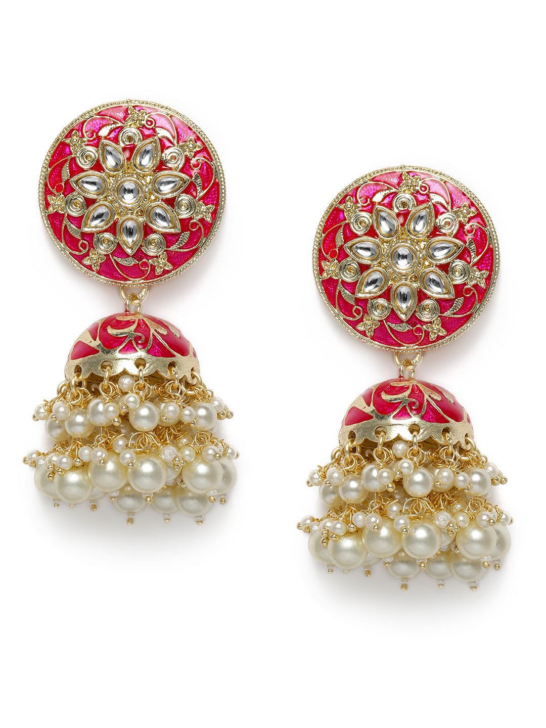 Pink & Gold-Plated Enamelled Stone-Studded Dome Shaped Jhumkas