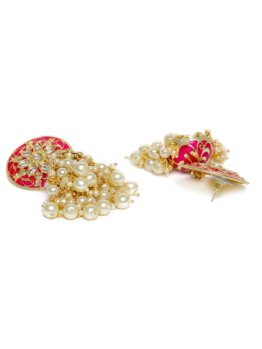 Pink & Gold-Plated Enamelled Stone-Studded Dome Shaped Jhumkas