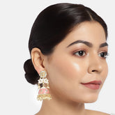 Gold-Plated & Pink Enamelled Stone Studded Shaped Jhumkas