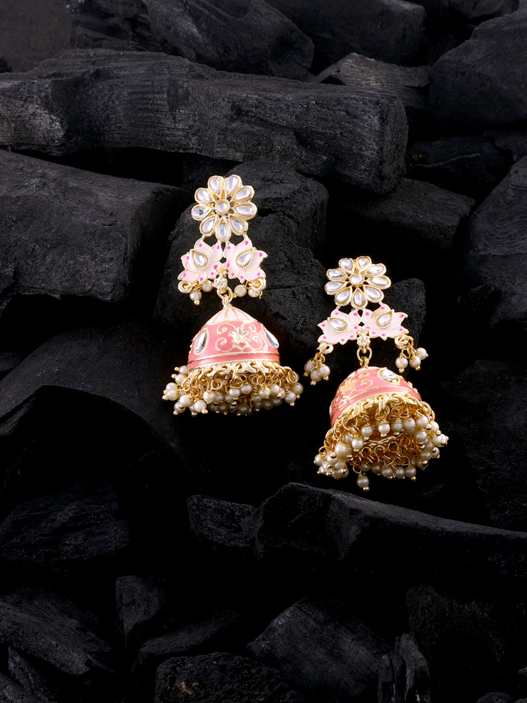 Gold-Plated & Pink Enamelled Stone Studded Shaped Jhumkas