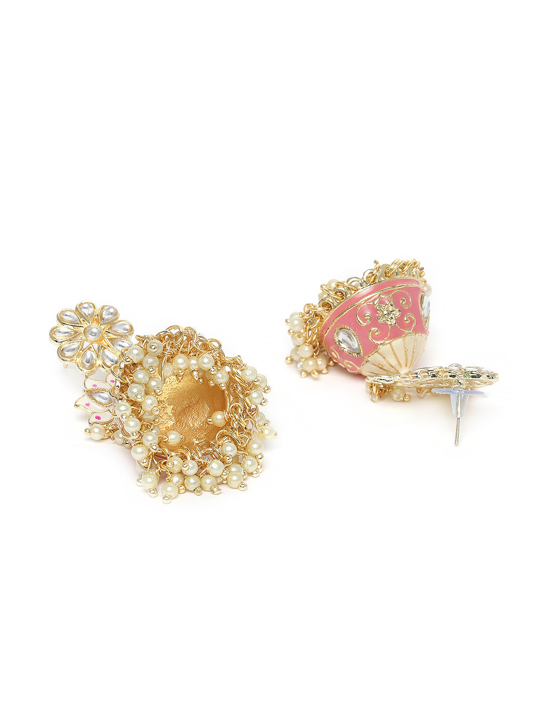 Gold-Plated & Pink Enamelled Stone Studded Shaped Jhumkas