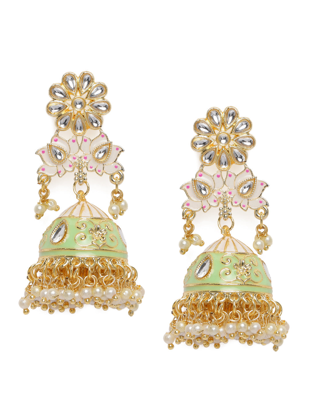Green & Gold-Plated Handcrafted Enamelled Jhumkas