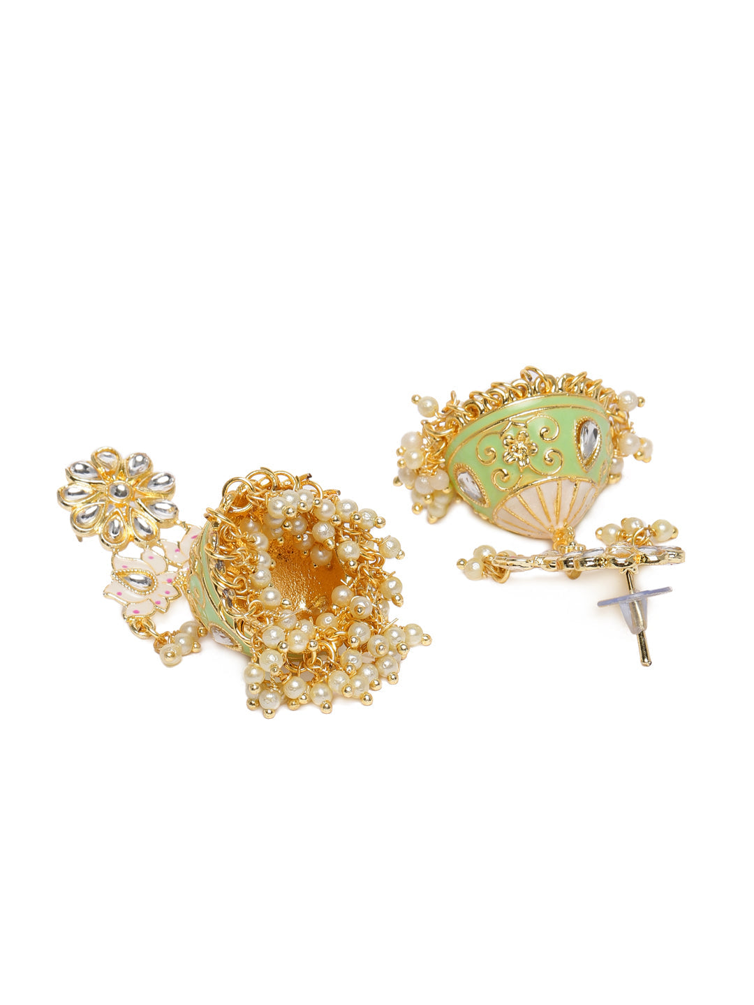 Green & Gold-Plated Handcrafted Enamelled Jhumkas