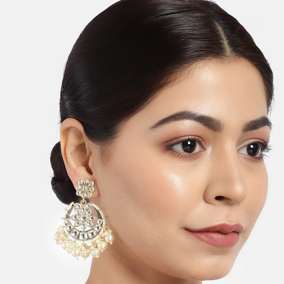 Gold-Plated Kundan-Studded Handcrafted Crescent Shaped Chandbalis