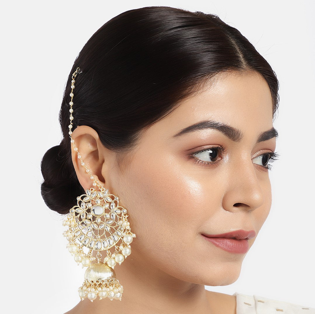 Gold-Toned & White Kundan-Studded Handcrafted Dome Shaped Jhumkas with Earchain