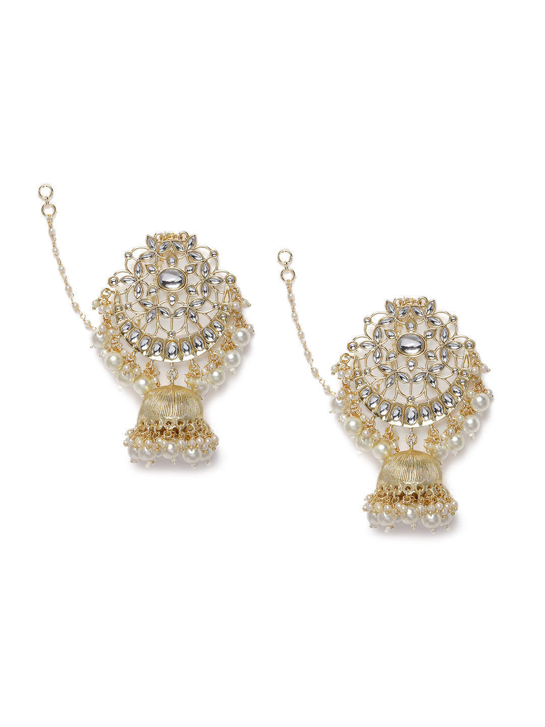 Gold-Toned & White Kundan-Studded Handcrafted Dome Shaped Jhumkas with Earchain