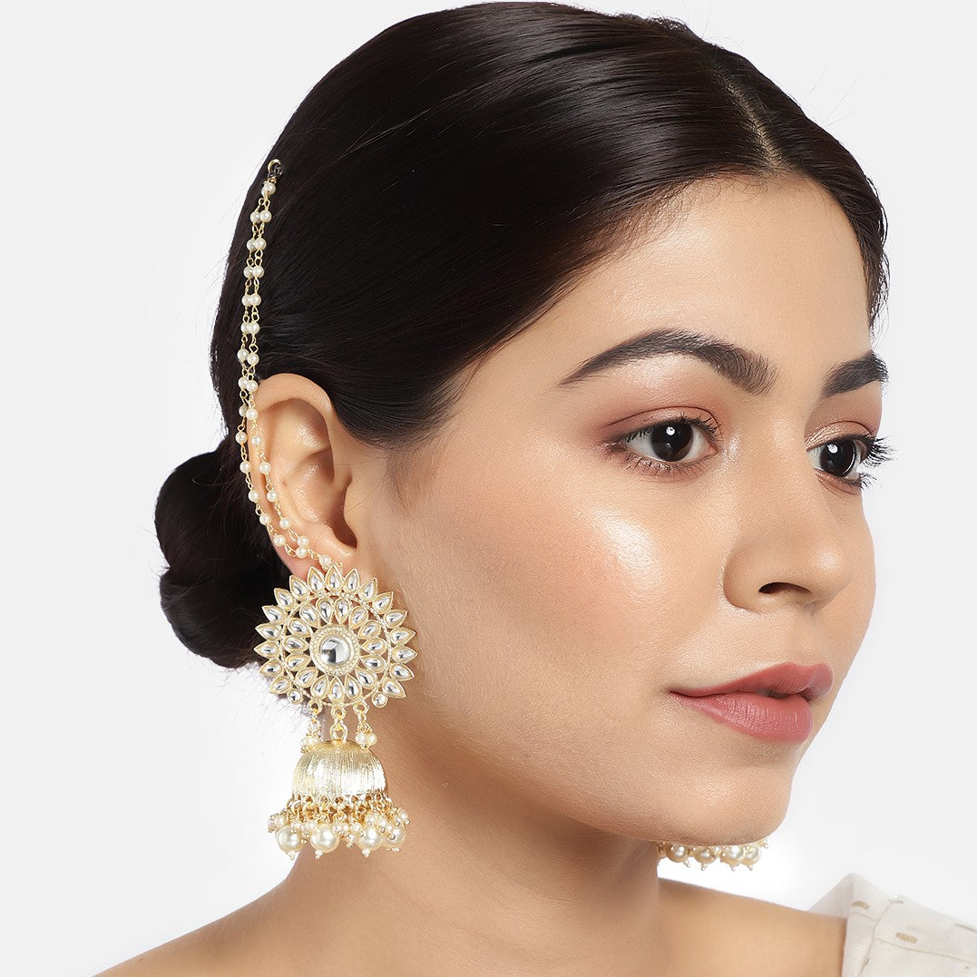 Gold-Plated Handcrafted Kundan Studded Jhumka with Detachable Ear Chain
