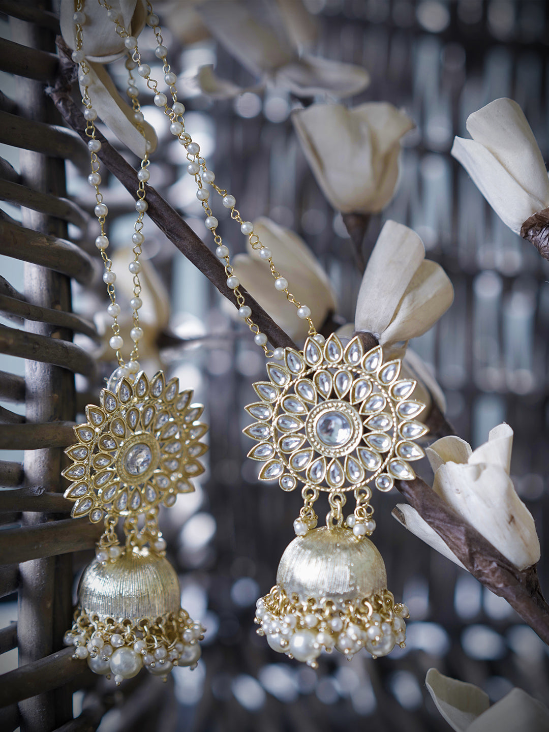 Gold-Plated Handcrafted Kundan Studded Jhumka with Detachable Ear Chain