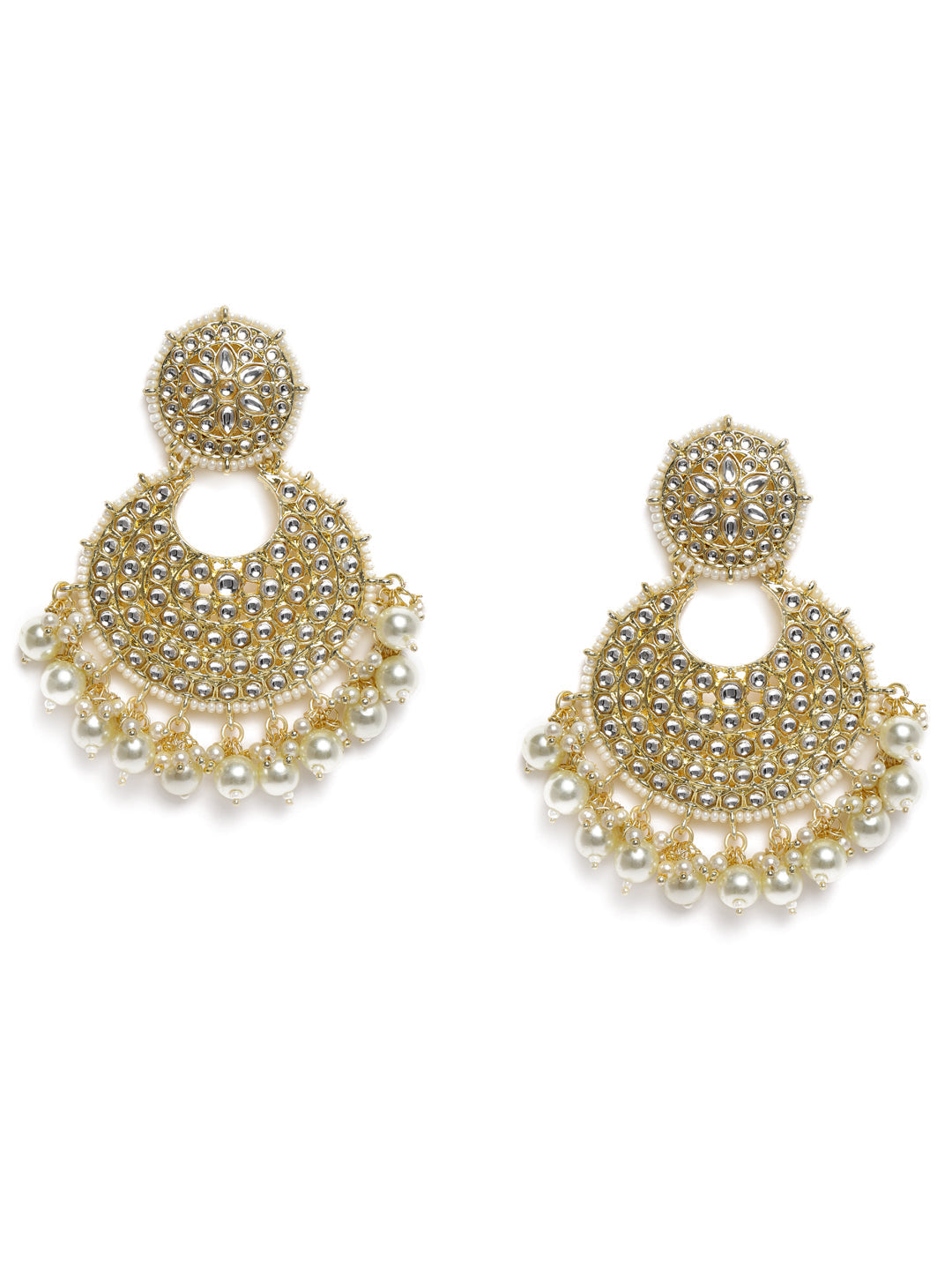 Gold-Plated & White Handcrafted Kundan Studded Crescent Shaped Chandbalis