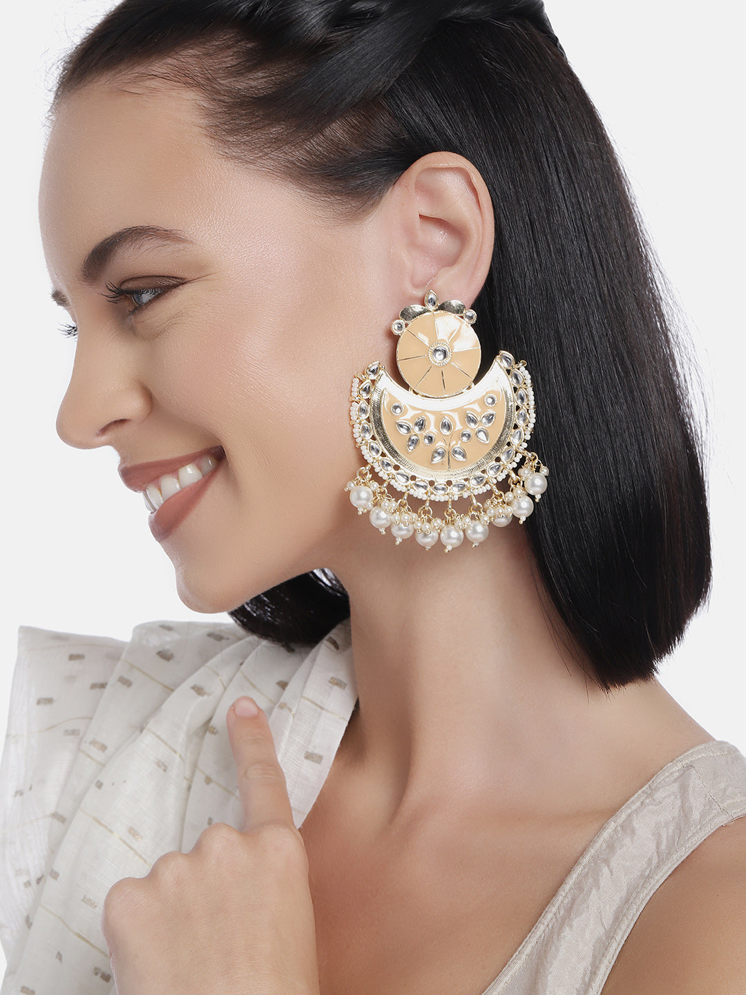 Gold-Plated & Beige Handcrafted Kundan Studded Crescent Shaped Chandbalis