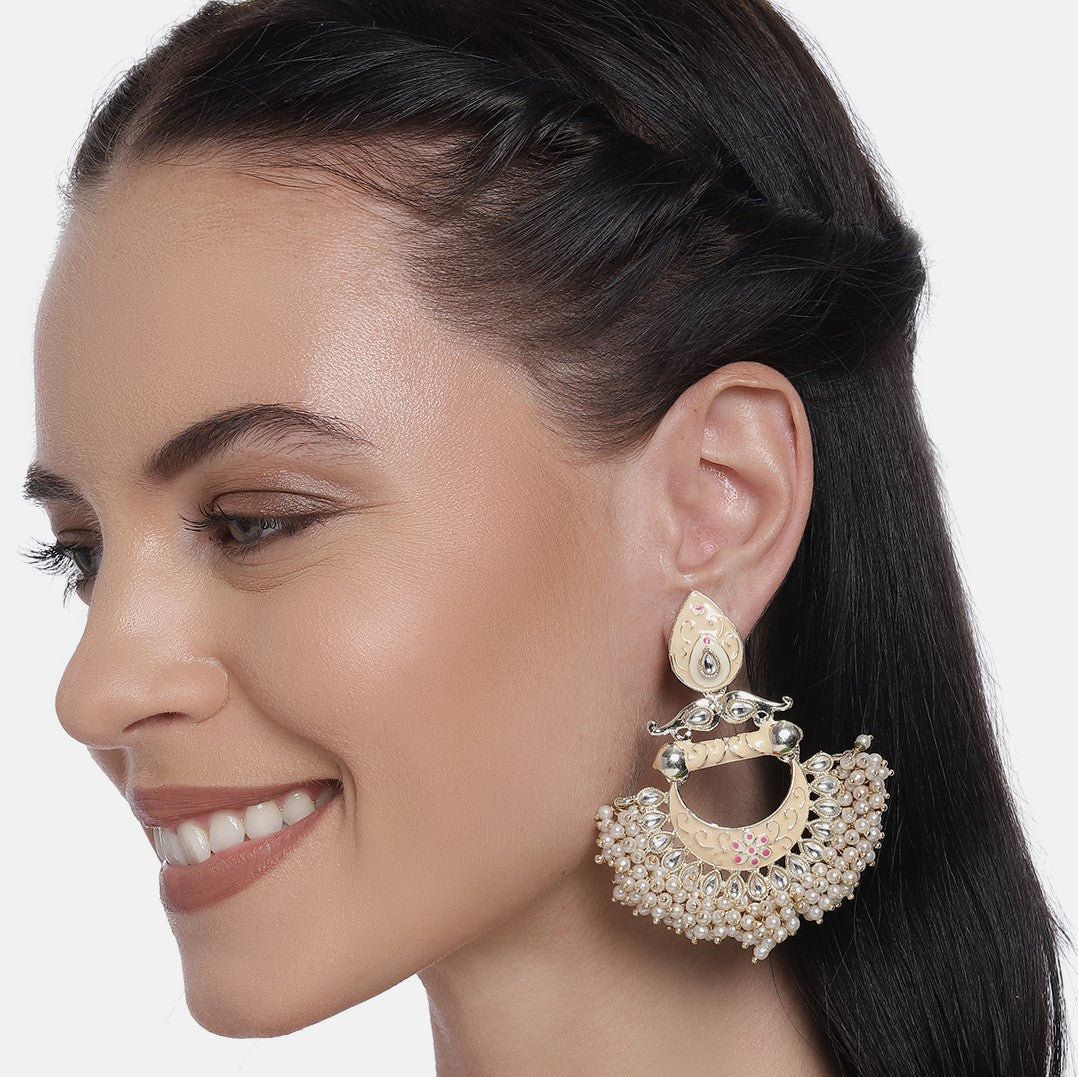 White & Gold Plated Handcrafted Pearl Crescent Shaped Chandbalis