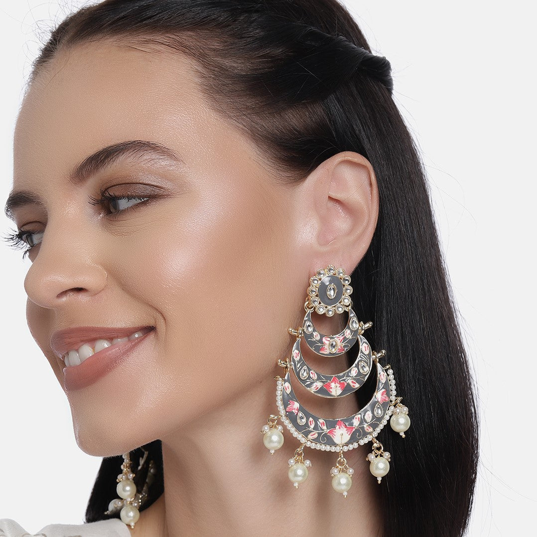 Gold-Plated & Grey Meenakari Crescent Shaped Chandbalis