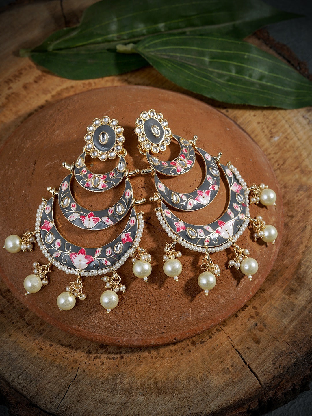 Gold-Plated & Grey Meenakari Crescent Shaped Chandbalis