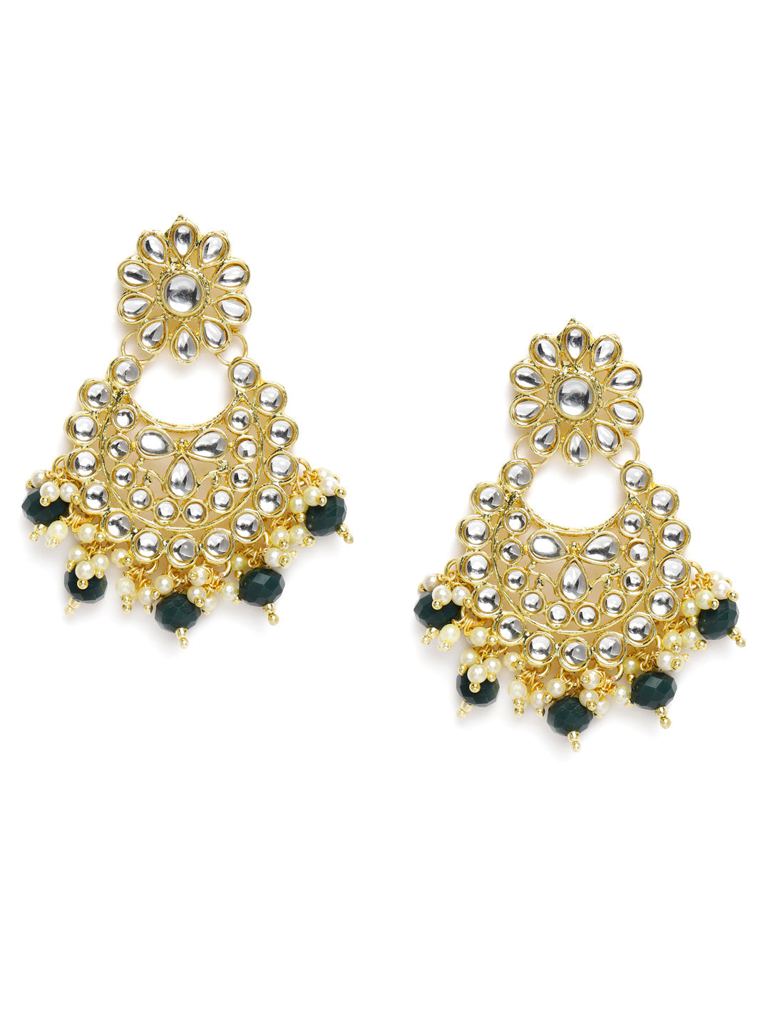 Gold-Plated & White Kundan Studded Crescent Shaped Chandbalis