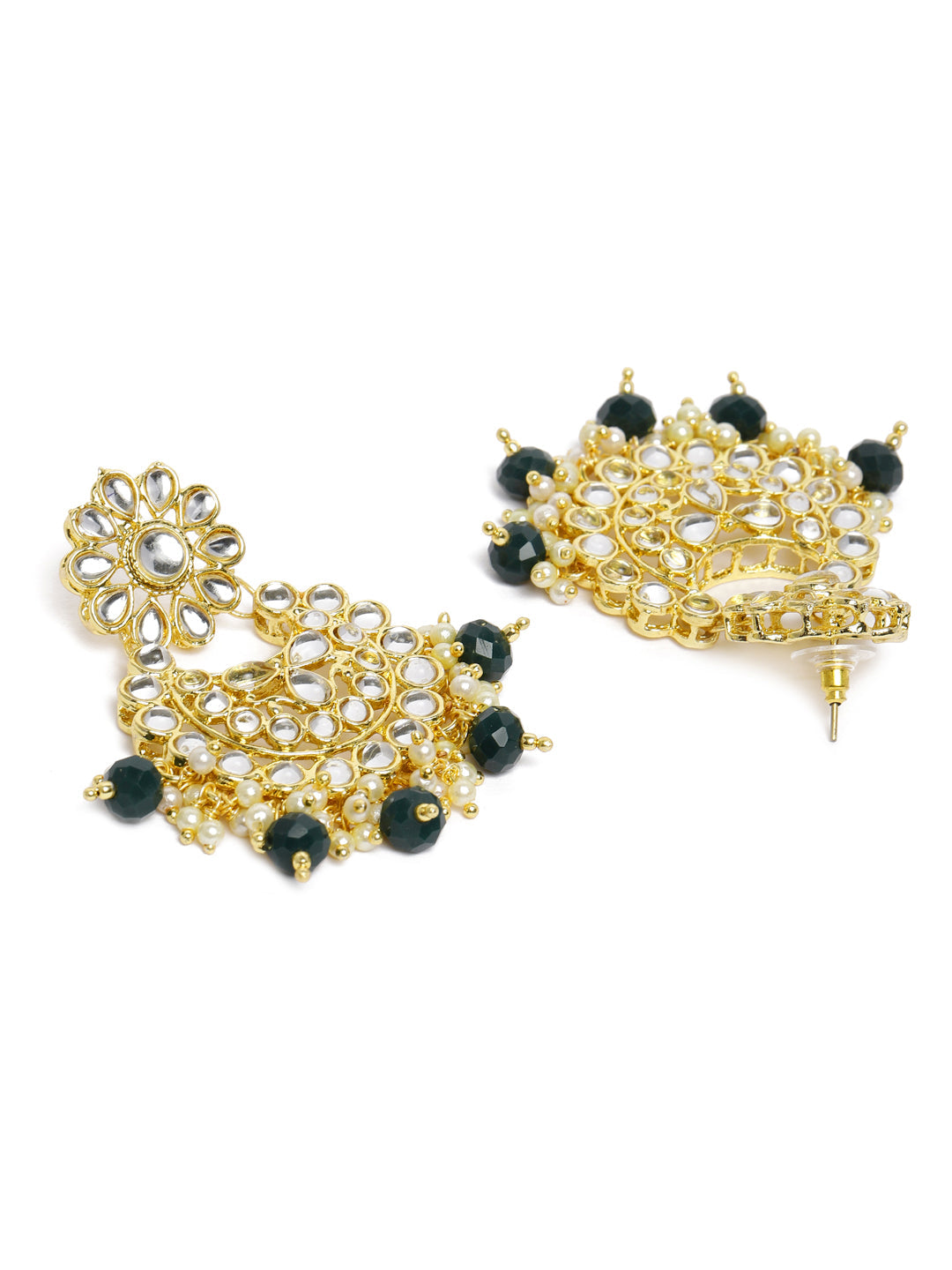 Gold-Plated & White Kundan Studded Crescent Shaped Chandbalis