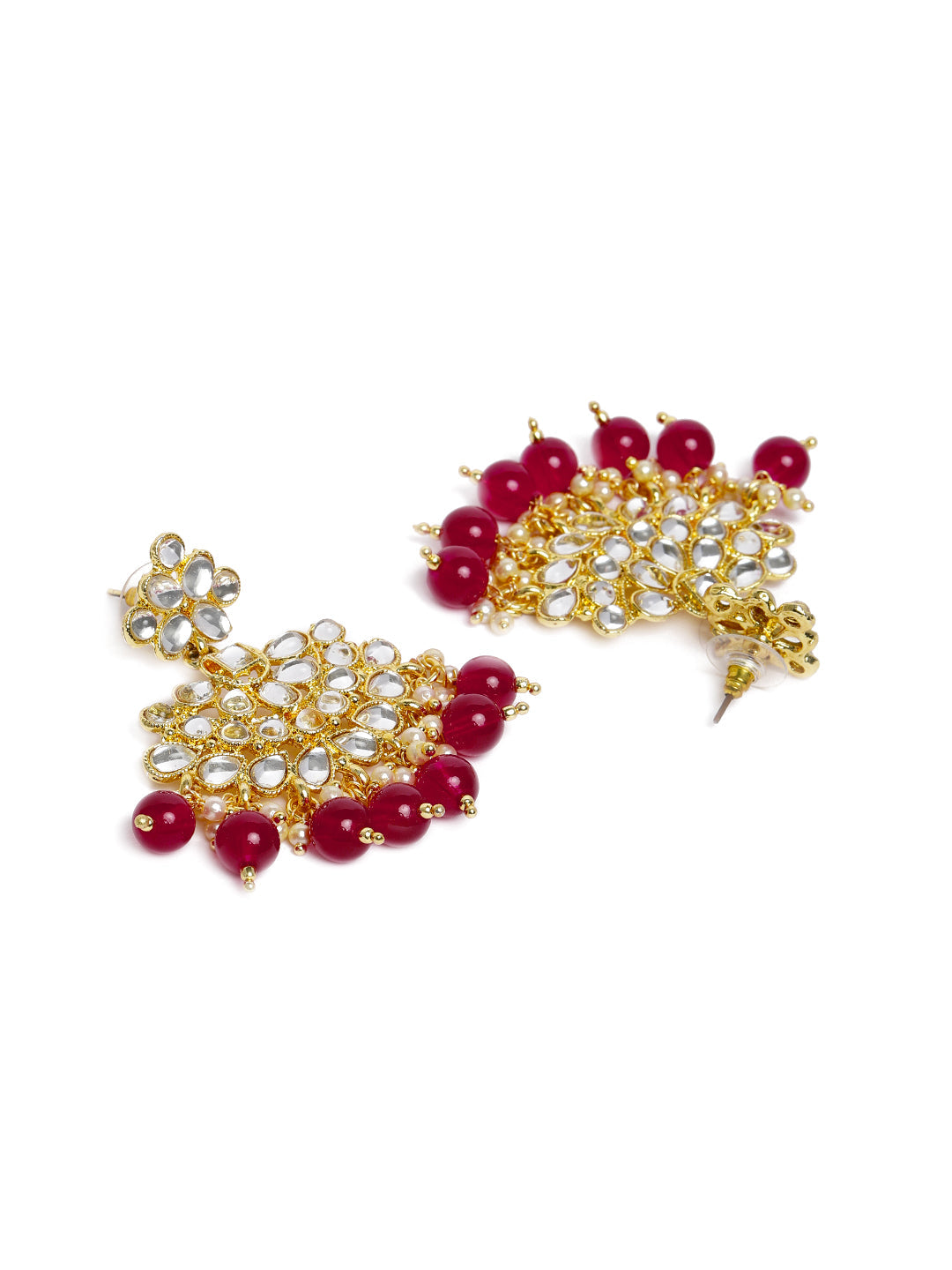 White & Maroon Gold Plated Kundan Studded Contemporary Drop Earrings