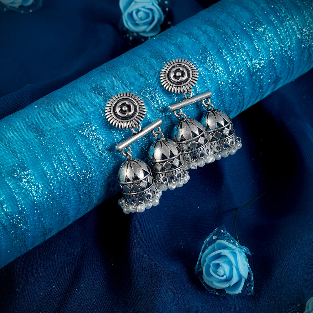 Silver-Plated Dome Shaped Oxidized Jhumkas