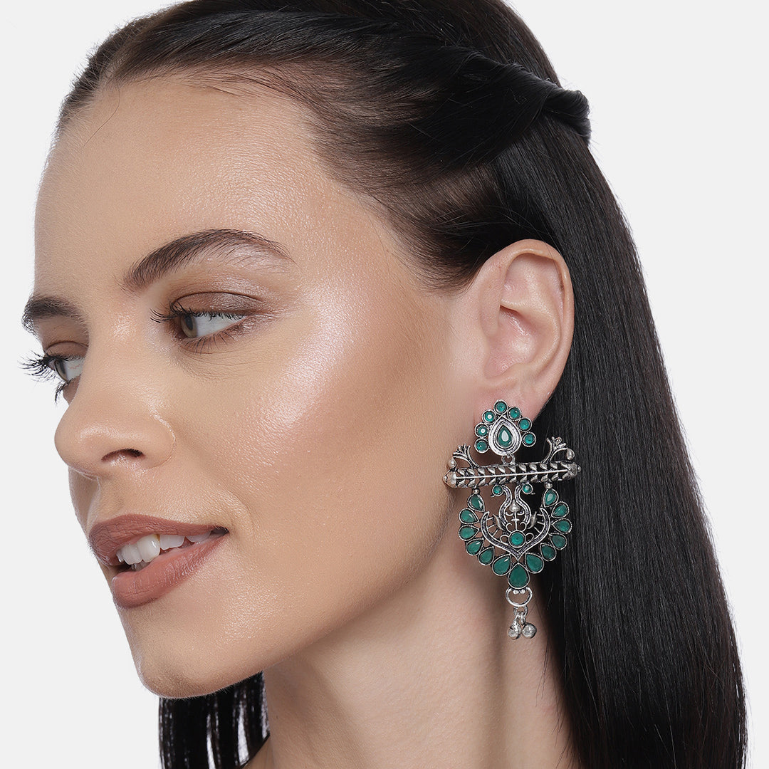 Silver-Plated & Green Floral Oxidized Drop Earrings