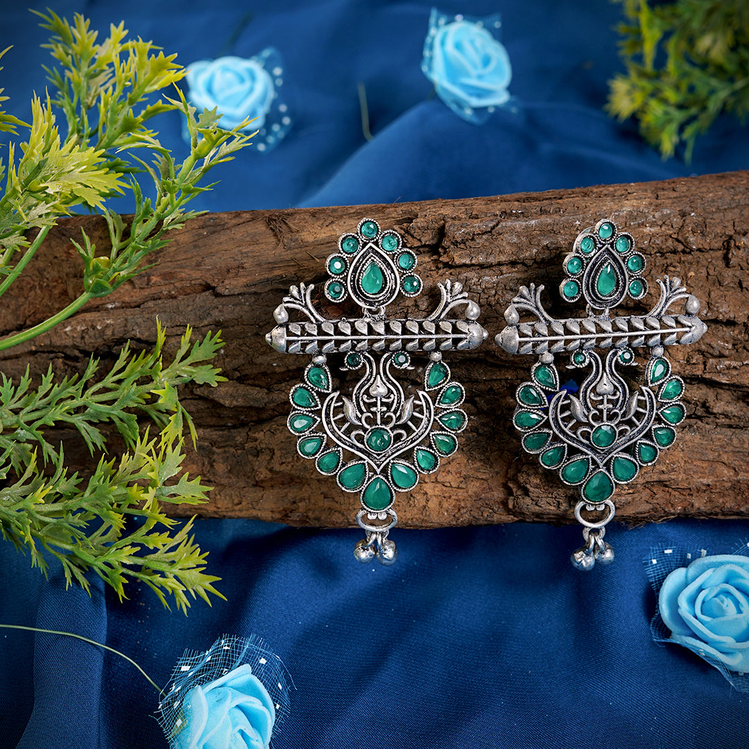 Silver-Plated & Green Floral Oxidized Drop Earrings