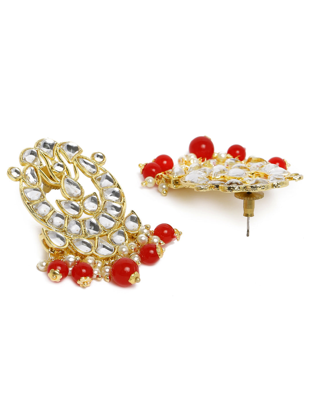 Gold-Plated & White Kundan Studded Circular Drop Earrings