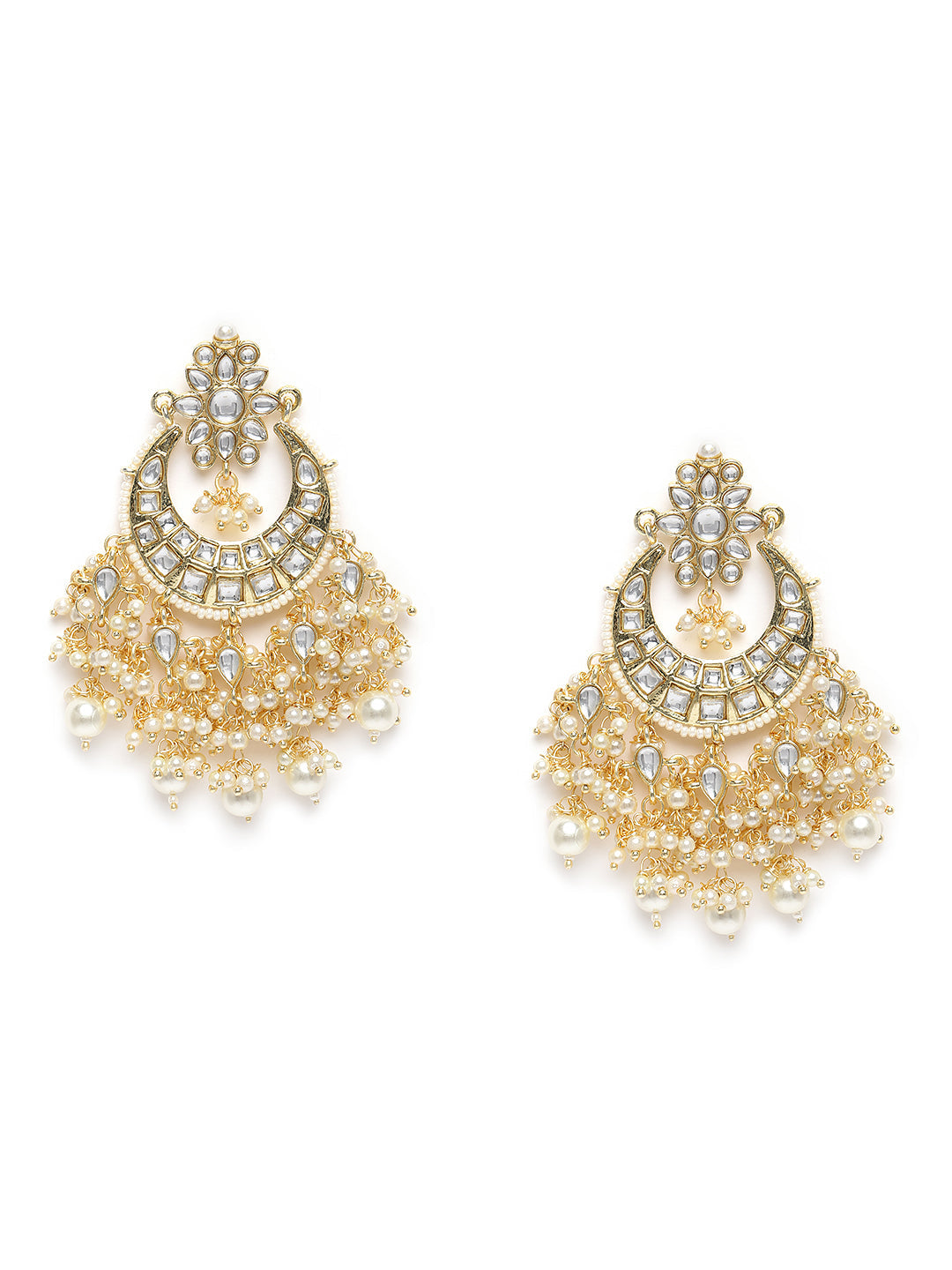 Off-White Gold-Plated Kundan-Studded Crescent Shaped Chandbalis