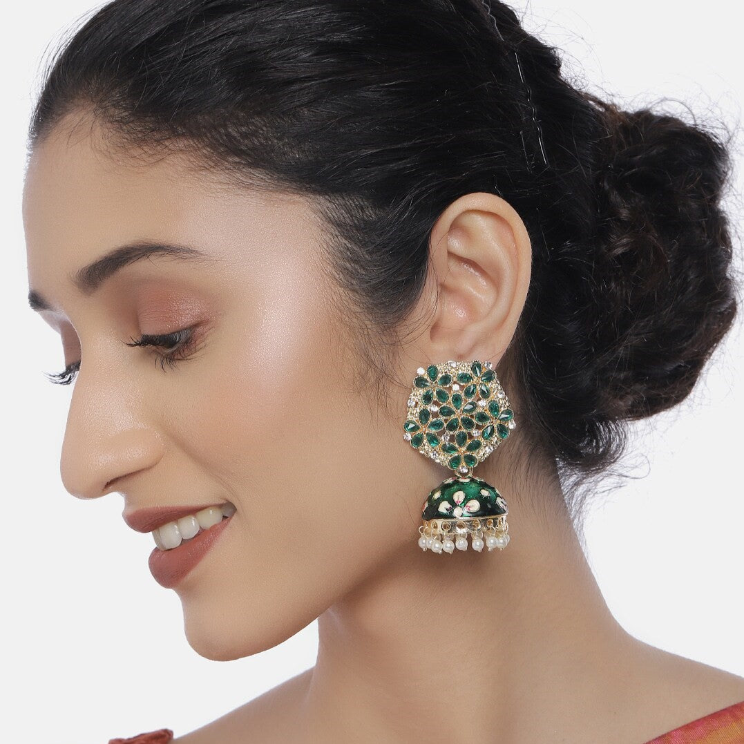 Green & Gold-Plated Kundan Studded Dome Shaped Jhumkas