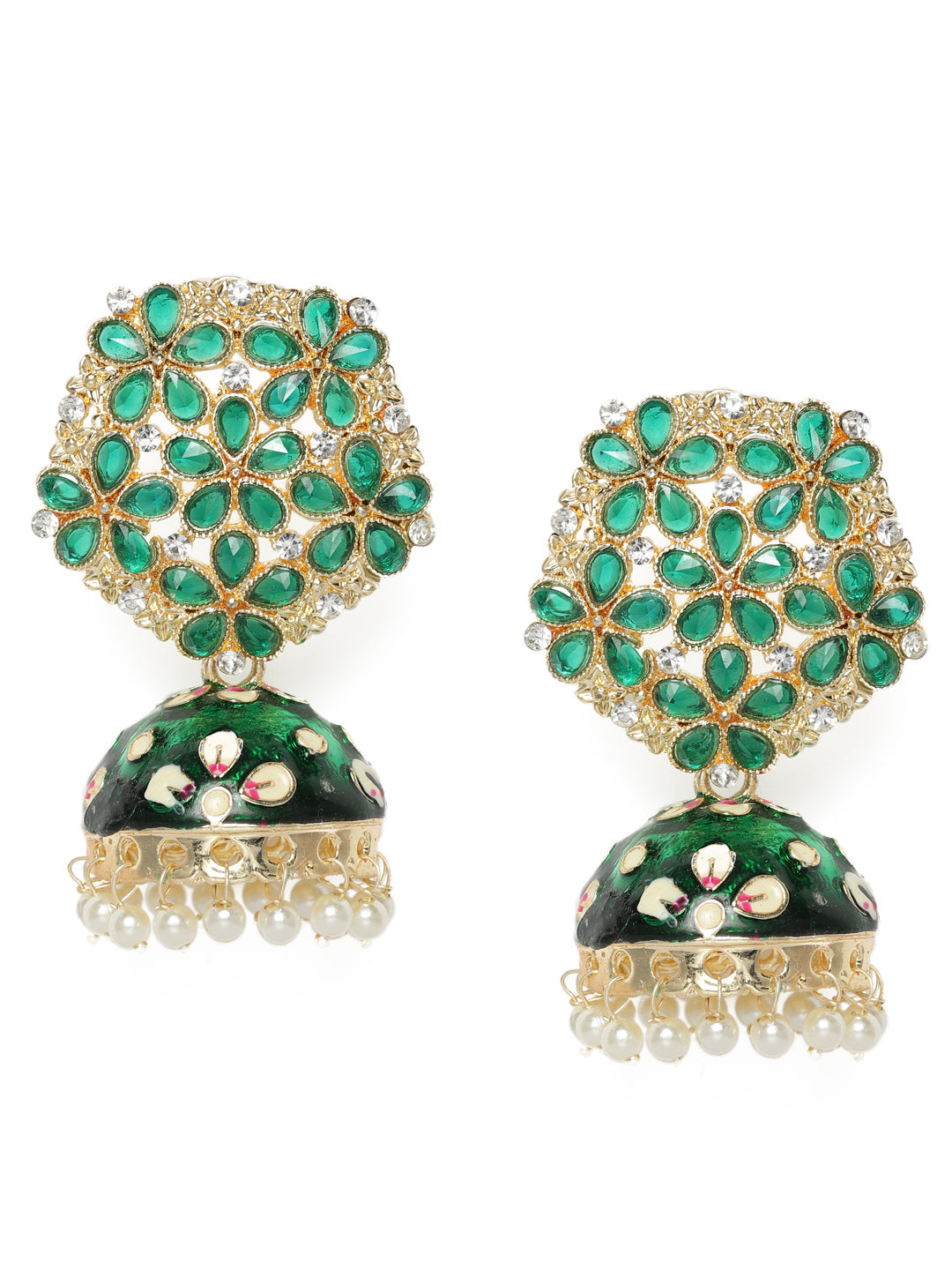 Green & Gold-Plated Kundan Studded Dome Shaped Jhumkas