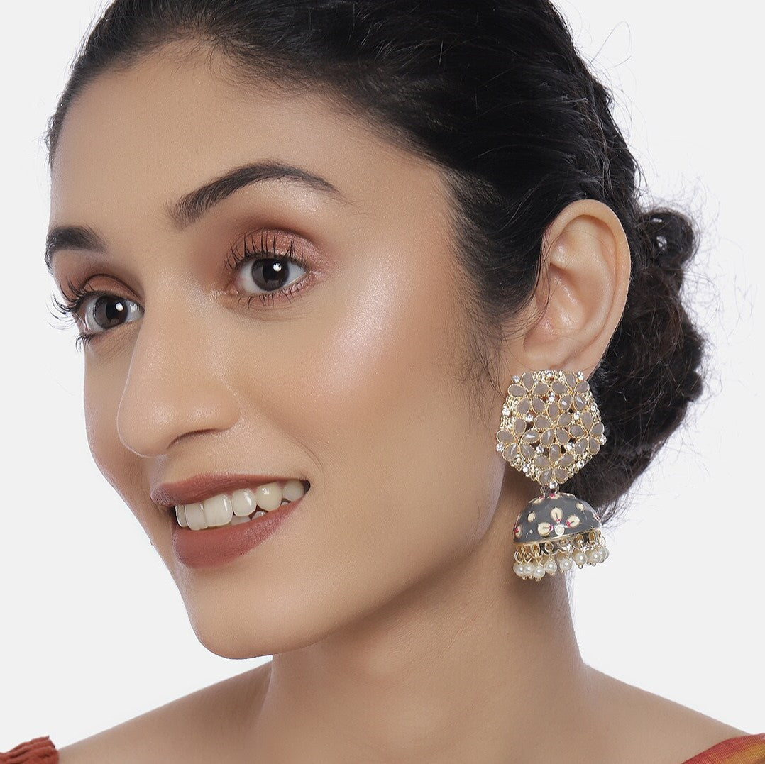 Grey & Gold-Plated Kundan Studded Dome Shaped Jhumkas