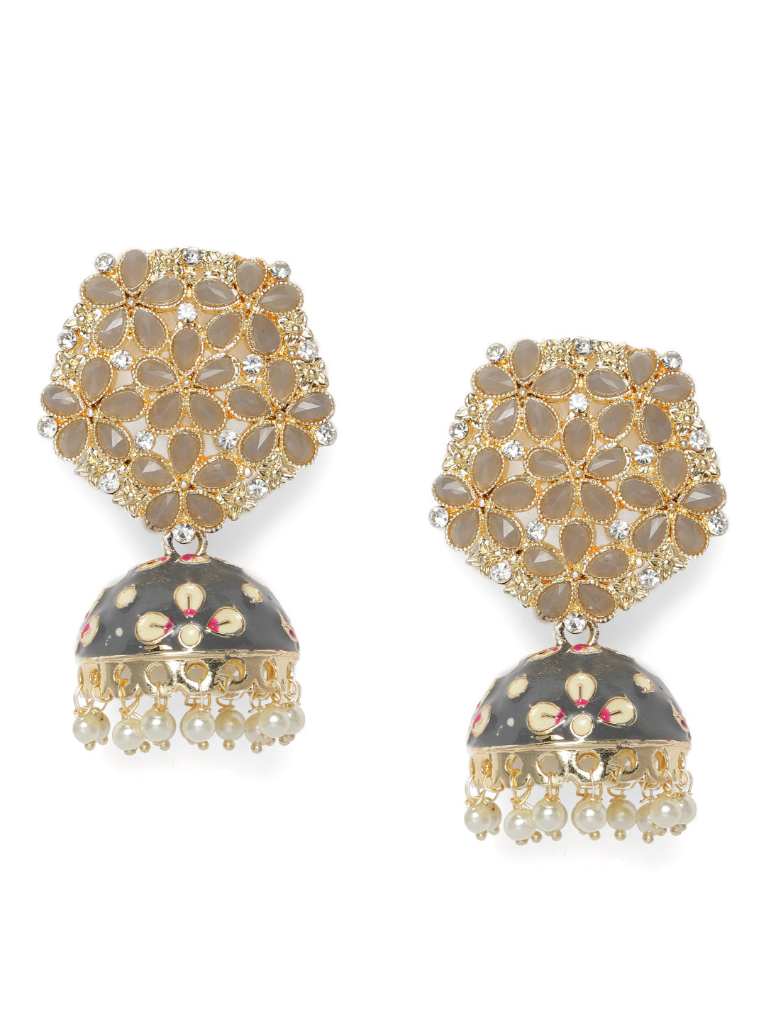 Grey & Gold-Plated Kundan Studded Dome Shaped Jhumkas