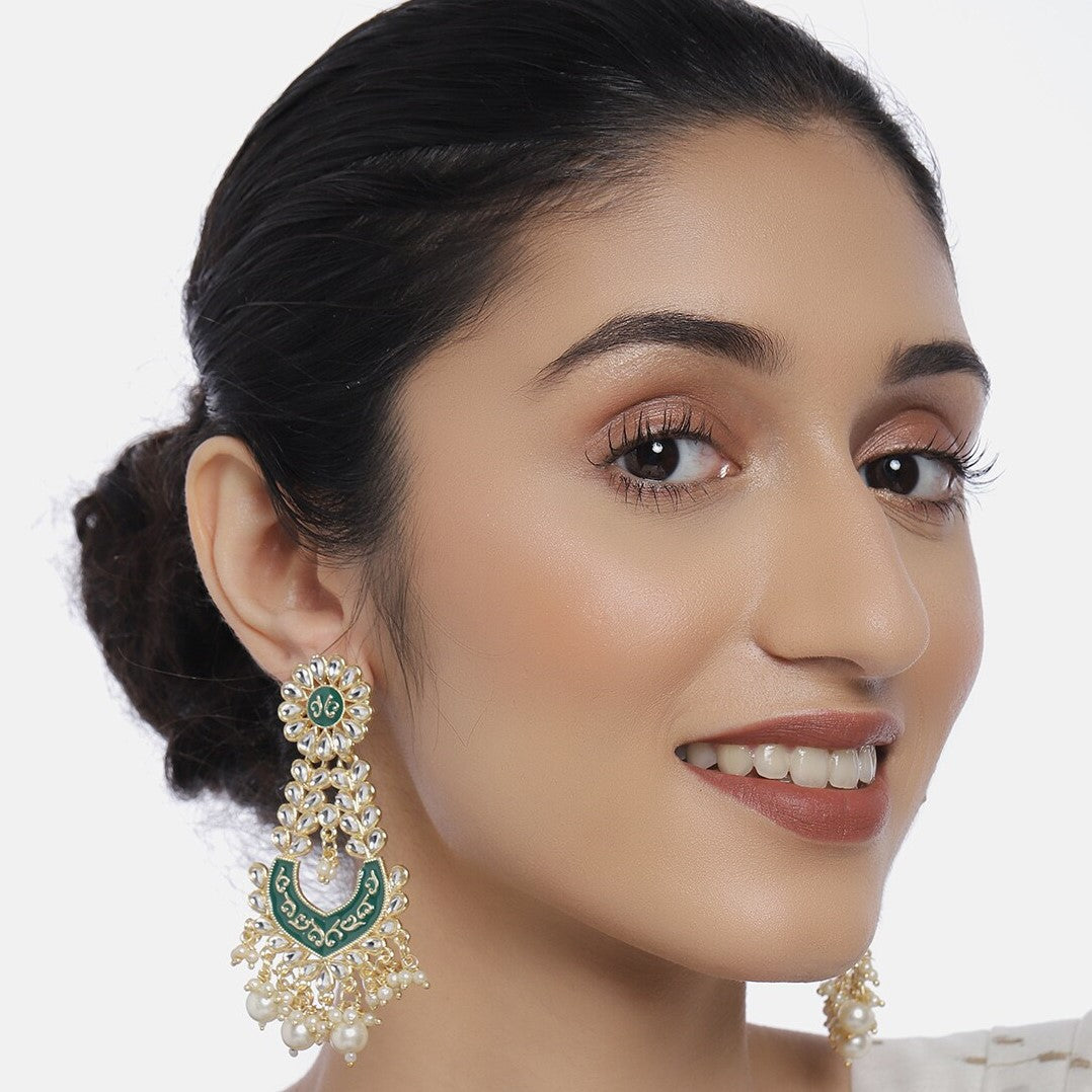 Green Gold-Plated Kundan-Studded Enamelled Classic Drop Earrings