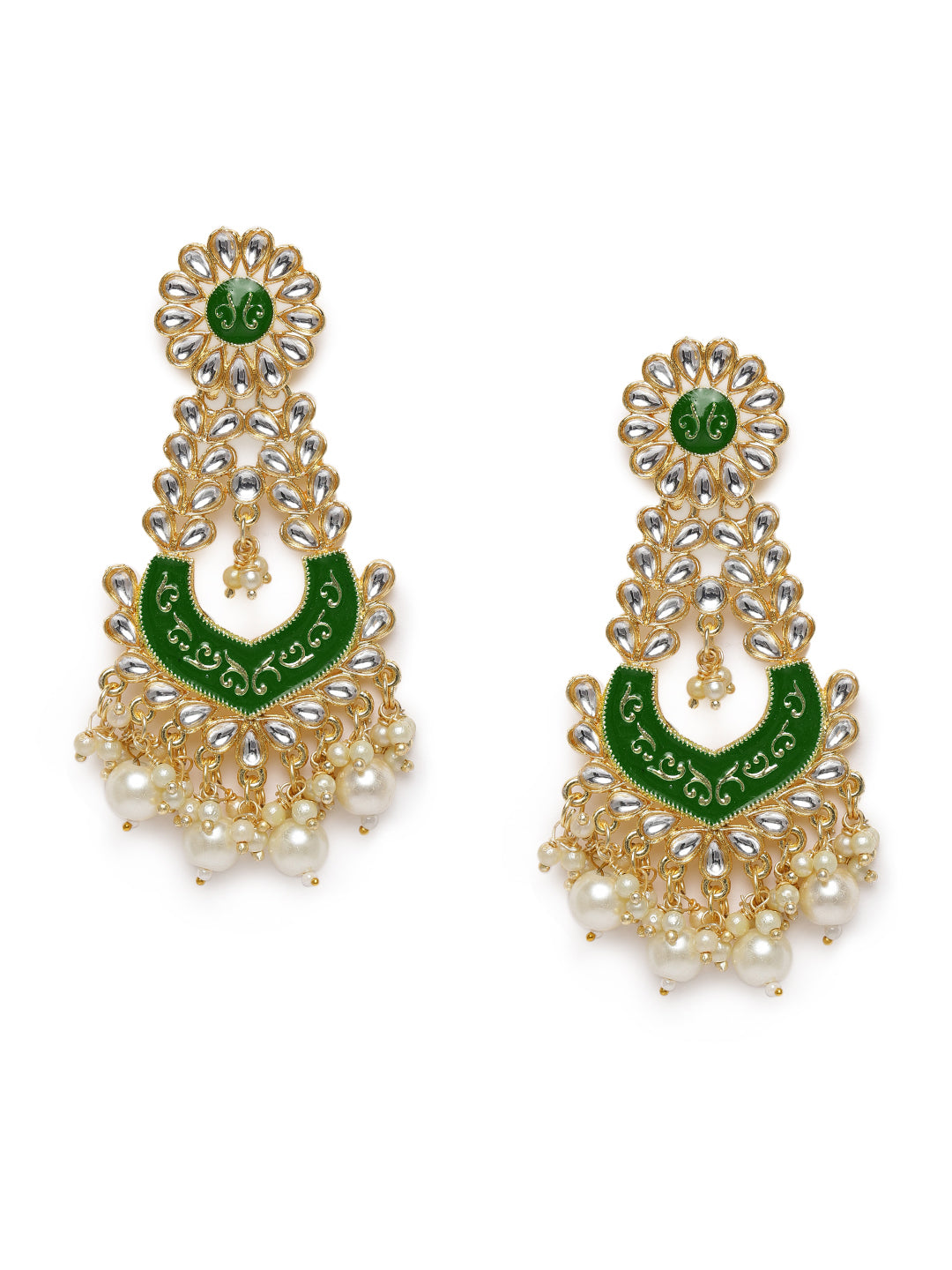 Green Gold-Plated Kundan-Studded Enamelled Classic Drop Earrings